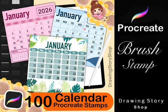 Download 100 Procreate Calendar Stamp Brush Set - Brush set Collection